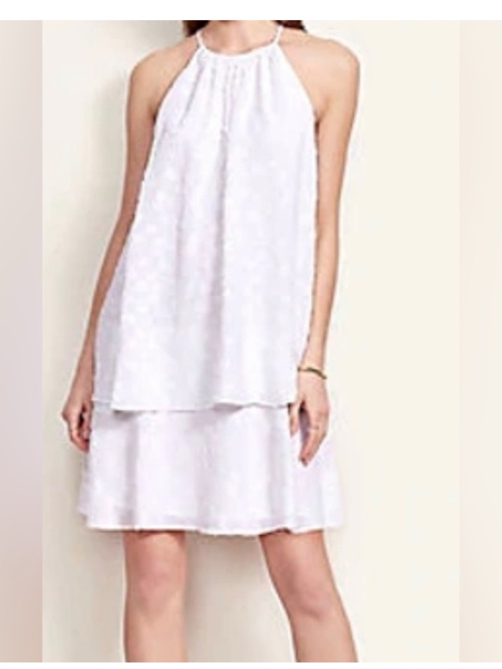 Ann Taylor Ivory Halter Shift Dress Textured Layered Bridal Costal  Petite 4